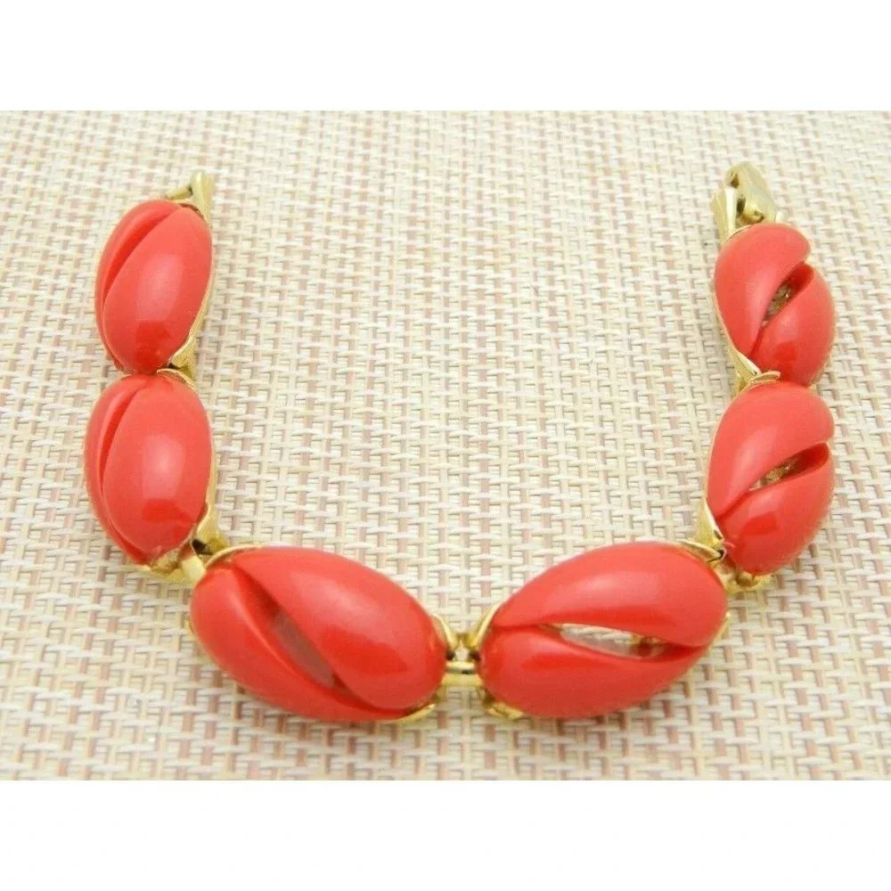 Gold Tone Red Thermoset Plastic Mid Century Modern Bracelet Vintage